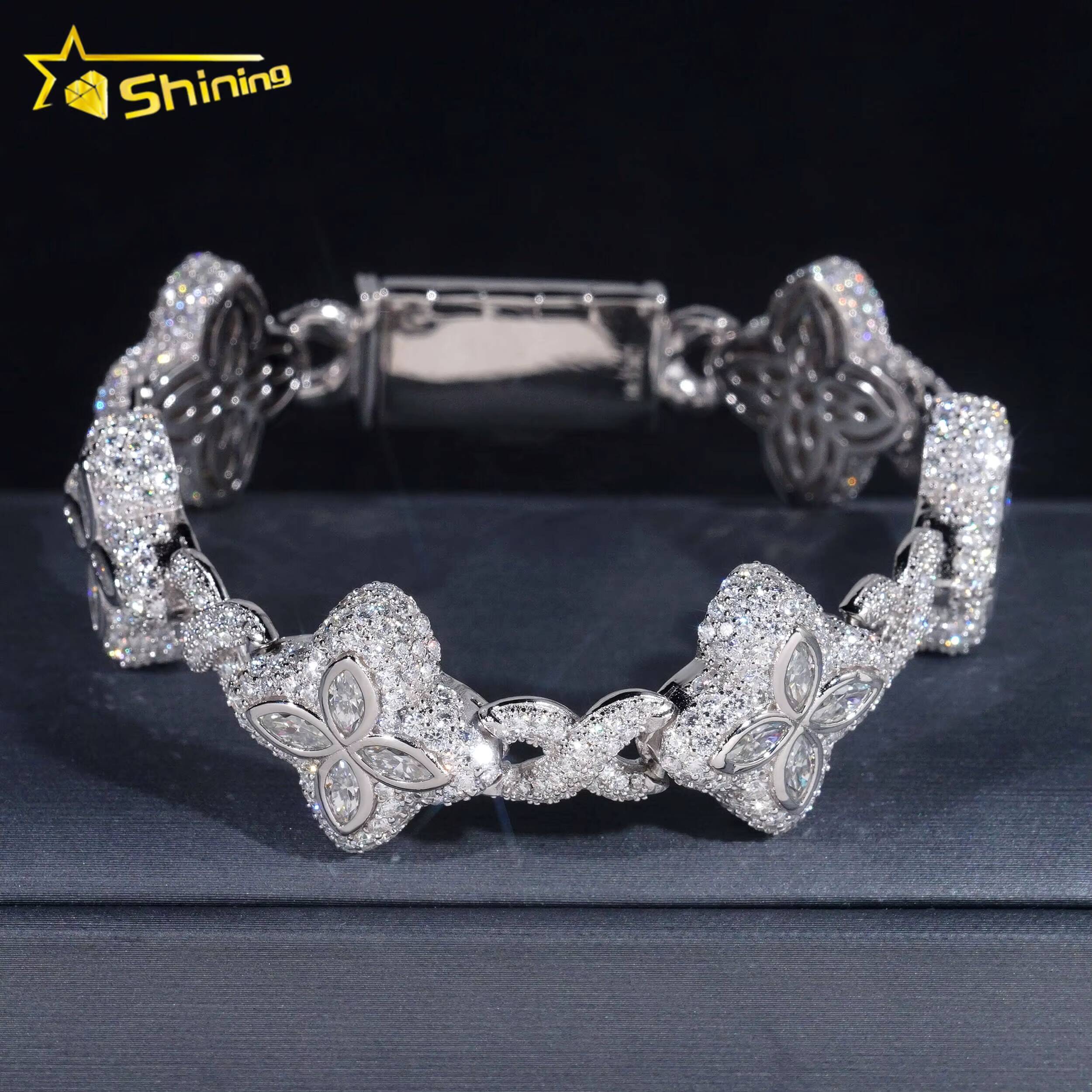Hot Selling Hip Hop Style Rapper 925 Sterling Silver Men Infinity Cuban Link Moissanite Clover Bracelet