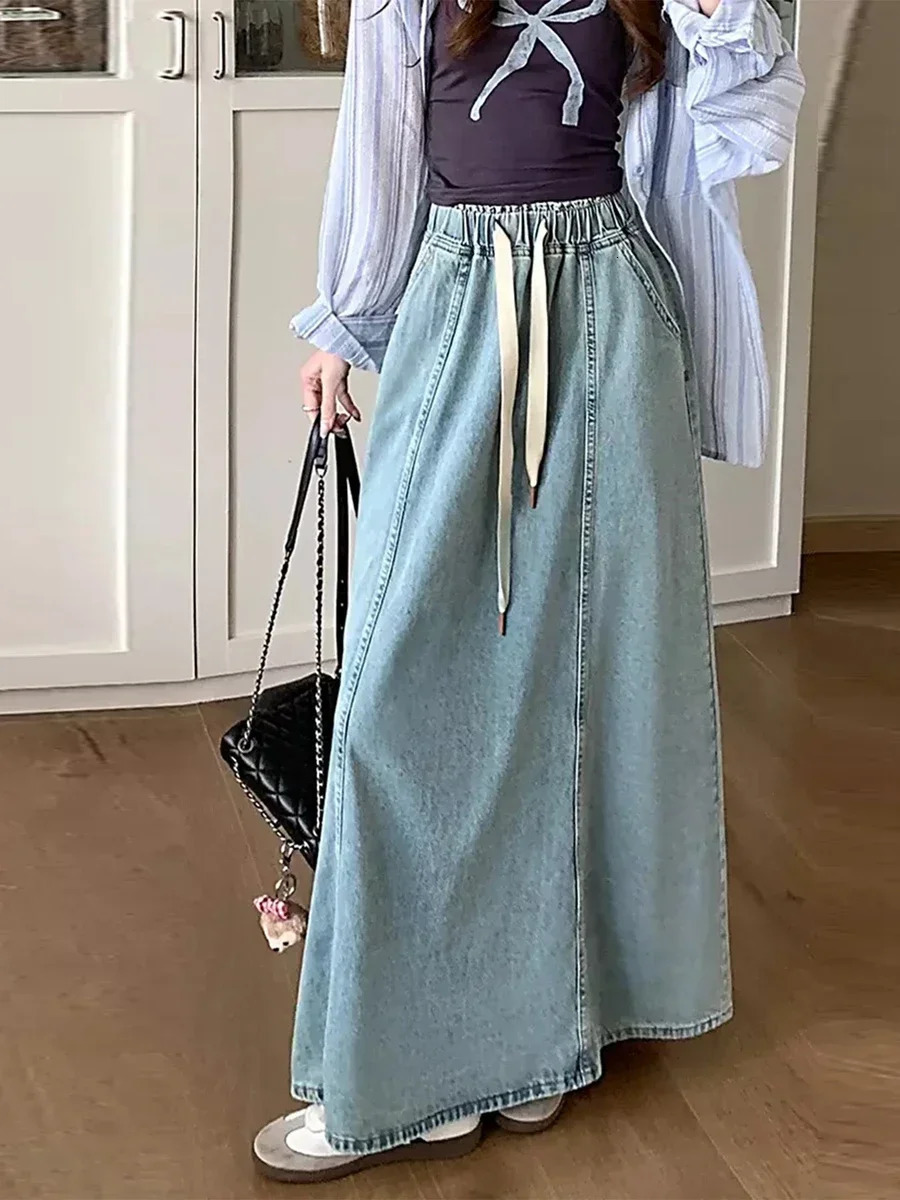 Harajuku Denim Skirt y2k Aesthetic Elastic Drawstring High Waist A Line Flare Jean Ladies Vintage Skirts Streetwear 251027