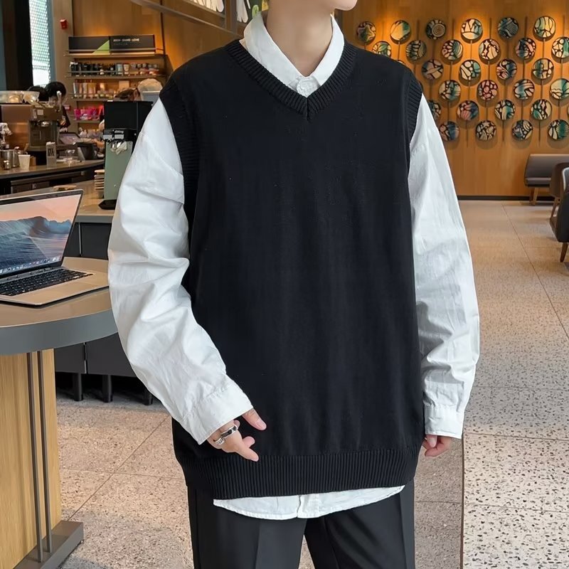 V-neck Sweater For Men Autumn And Winter Korean Style Trendy Loose Knitted Designer Sweater Vest Autumn Ins Sleeveless Tank Top