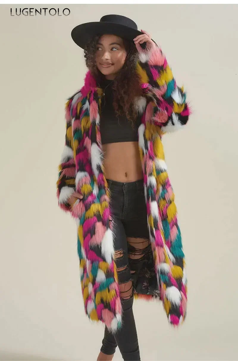 Women Faux Fur Long Coat Rainbow Colorful Fashion Faux Fox Fur Autumn Winter Lady Casual Street Warm Quality Cloth 251013