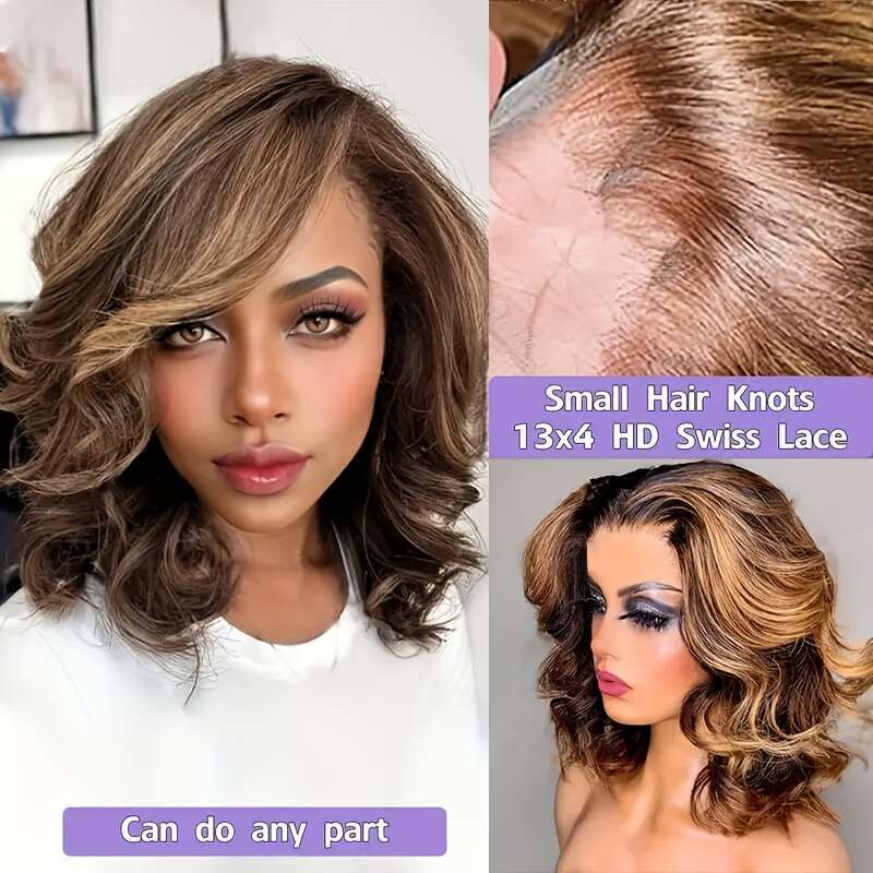 Women's Honey Ombre Bob Natural Roots Ends, Brazilian Human Hair Lace Wig With Pre-Plucked Front Baby Hair, 13X4 HD Density, Gradient, Loose Wave