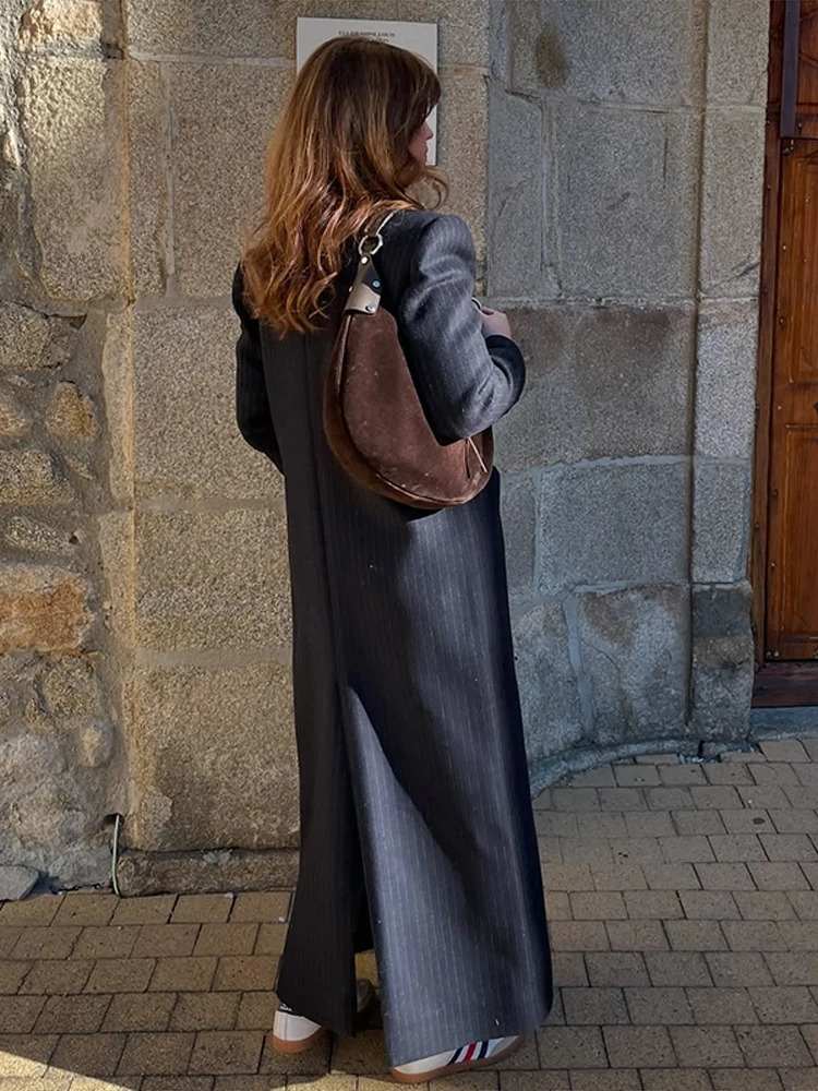 Elegant Striped Long Woolen Coat Women Shoulder Pads Lapel Double Breasted Full Sleeve Overcoat Autumn Winter Warm Outwear 251024