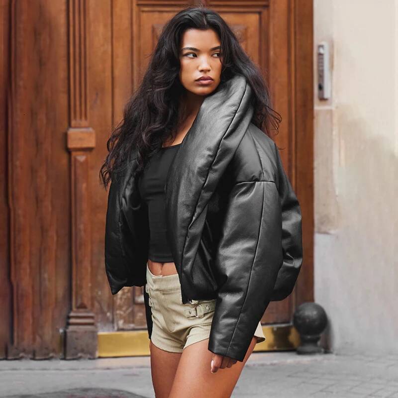 winter jacket women CUTENOVA Women'S Fall/Winter New Arrival Leather-Trimmed Stand Collar Solid Color Loose-Fit Cropped Crop Top Cotton Jacket