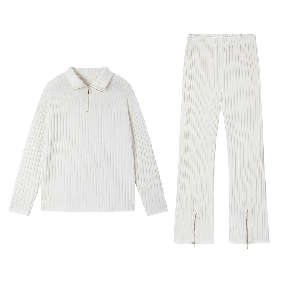 European and American Cross border Autumn Winter Womens Solid Color Zipper Knitted Set High Collar Pit Strip Home 251027