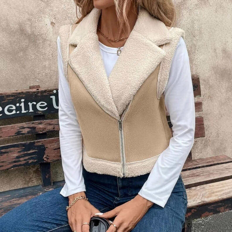 Women's Autumn Winter Short Loose Casual Sleeveless Fur-Lined Faux Wool Vest Jacket For Women 1fb3