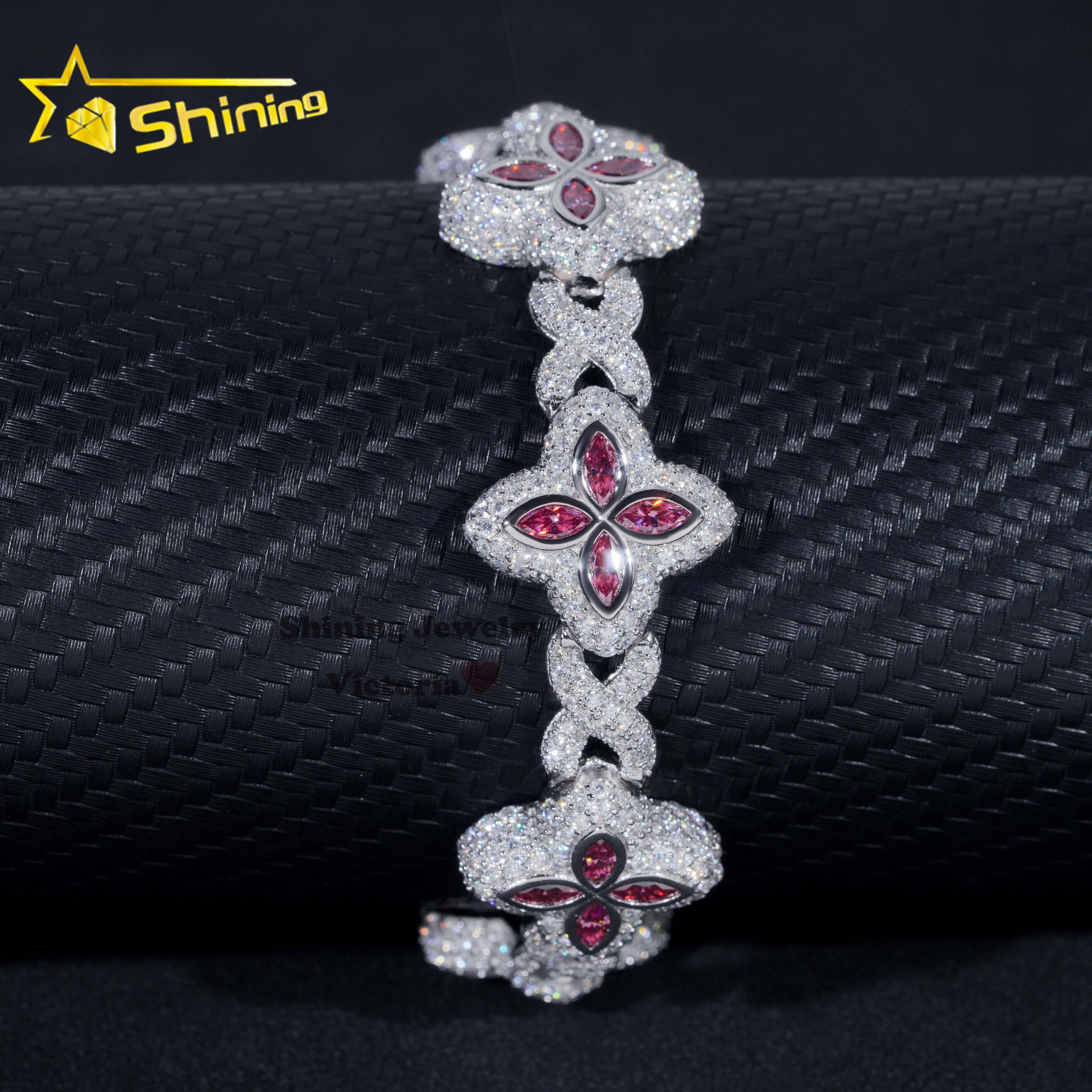 New Arrivals Rose Gold Plated Moissanite Men Bracelet With Pink Moissanite Iced Out Infinity Link Clover Cuban Bracelet