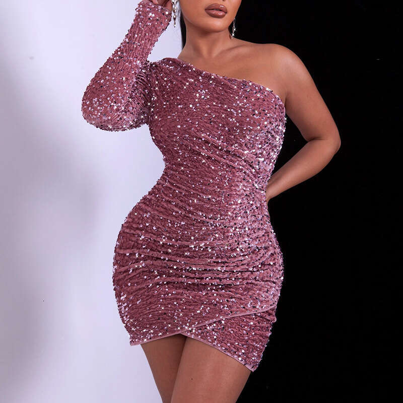 2025 New Sexy One-Shoulder Sequin High-End Solid Color Evening Gown Hot Girl Bodycon Dress