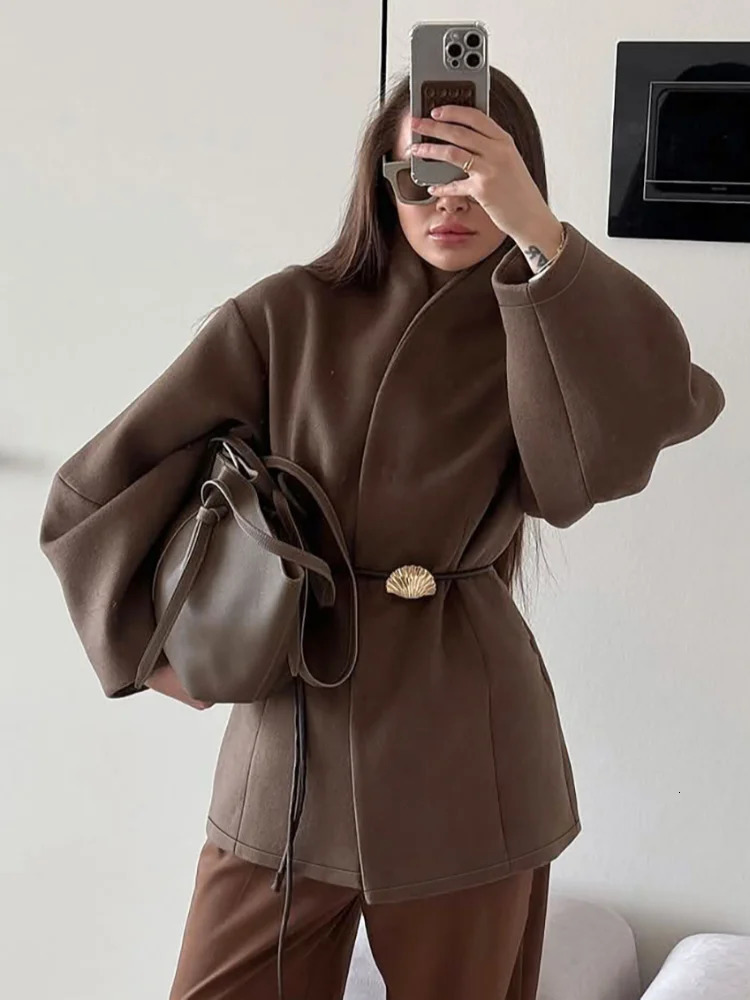 Chic Womens Solid Woolen Coat Elegant Full Sleeves Waist Tie Loose Outfit Fashionable Autumn Commuting Daily Lady Street Jacket 251027