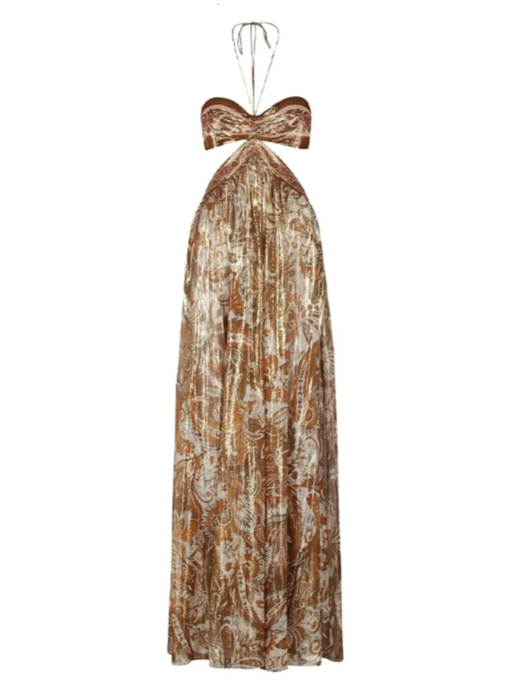 Sexy Print Hollow Out Strapless Women Dresses Beach Holidays Glitter Backless Off Shoulder Female Robe 2025 Summer Lady Dress 251027