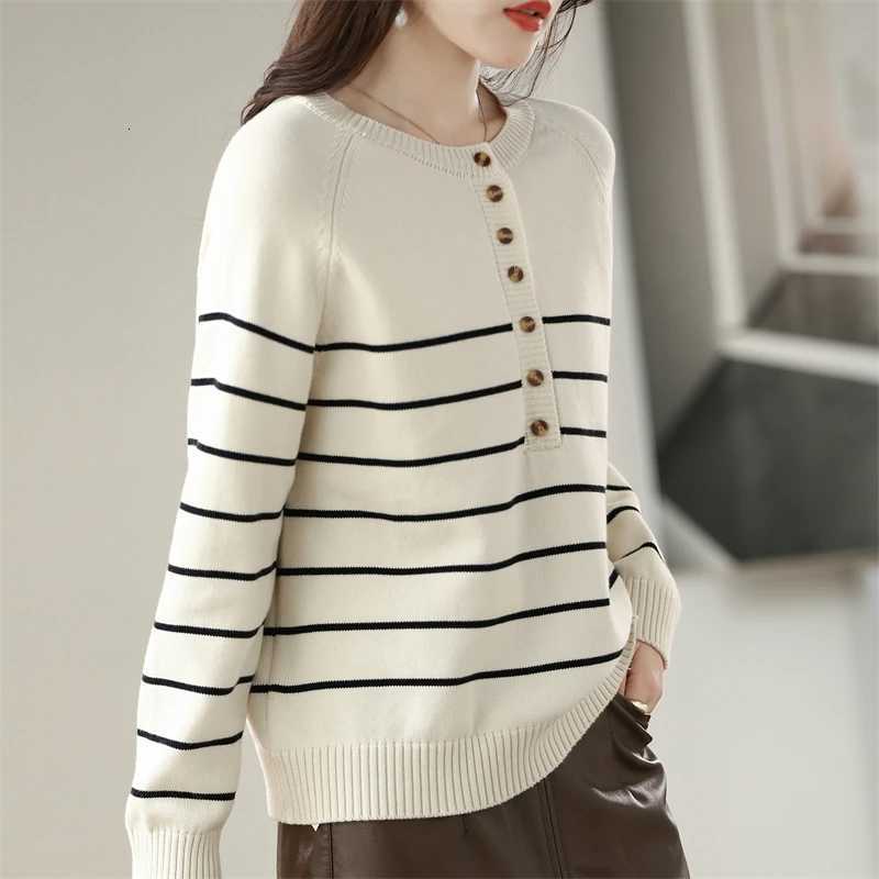 Womens LongSleeve Pullover Striped Sweater Pure Cotton Autumn Winter Warm Comfortable Casual KnitwearGH553T251027