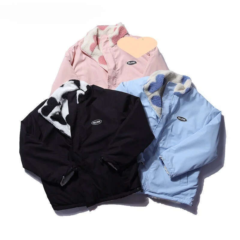 Women Double-Sided Lamb Fur Plush Coat Couple Loose Heart Print Love Padded Jackets Casual Zipper Winter Stand Up Collar Outwear