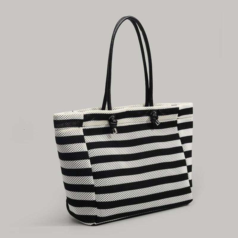Hand-Woven Black White Striped Tote Women's Lazy Style Large Capacity Vacation Travel Shopper Shoulder Bag Commuter 251027