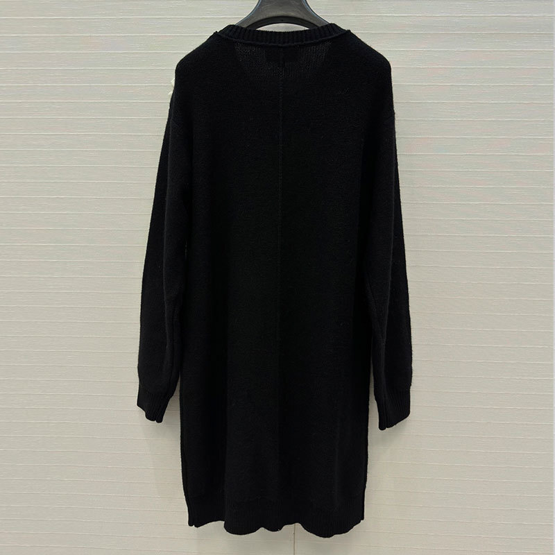 Luxury Designer Women's 3D Camellia Black Knit Dress Classic Simple Wool Blend Round Neck Mini Shift French Elegant Long Sleeve Soft Clothing S10