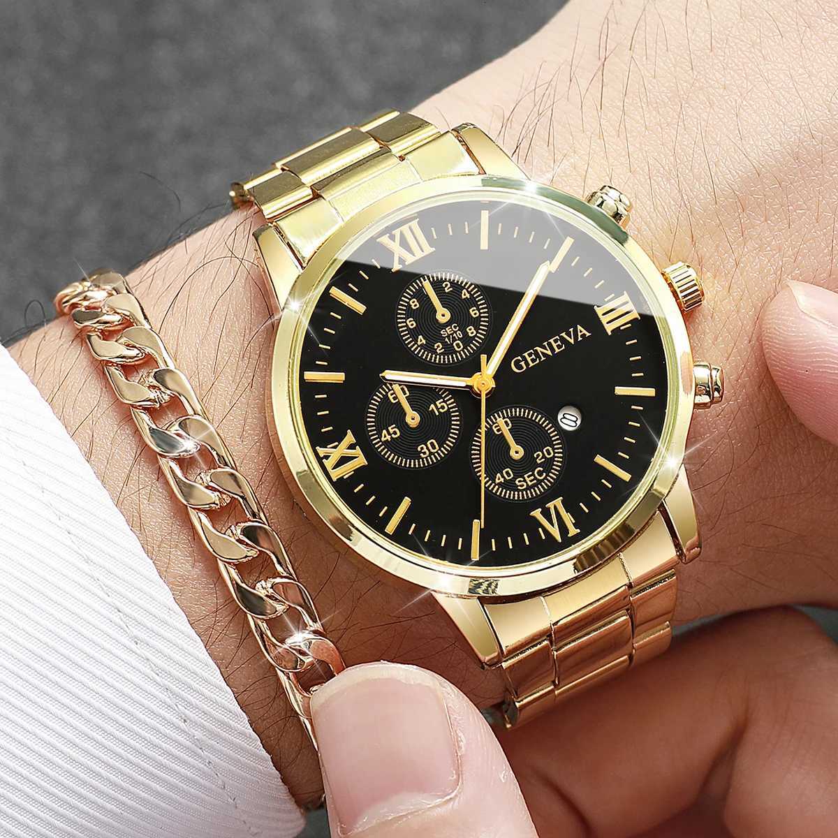 4PCSSet Luxury Men Business Watches Fashion Roma Dial Calendar Quartz Watch Jewelry Set Reloj HombreWithout BoxT251027