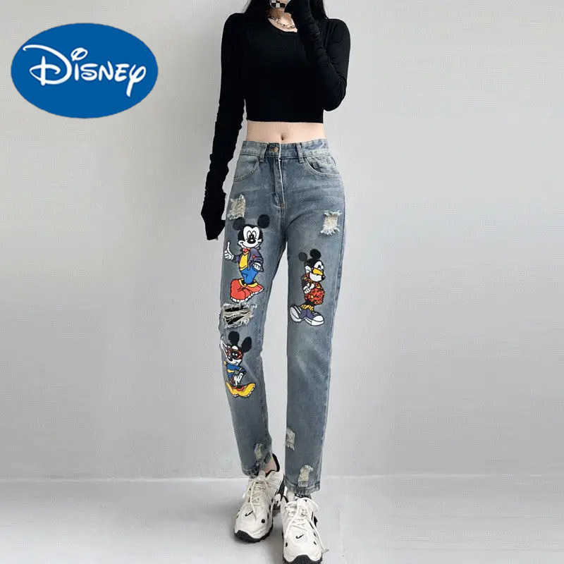Disney Mickey Mouse Ripped Jeans Womens New Cartoon Print Loose High Waist Denim Pants Fashion Vintage Trend Casual Haren Pants H251027