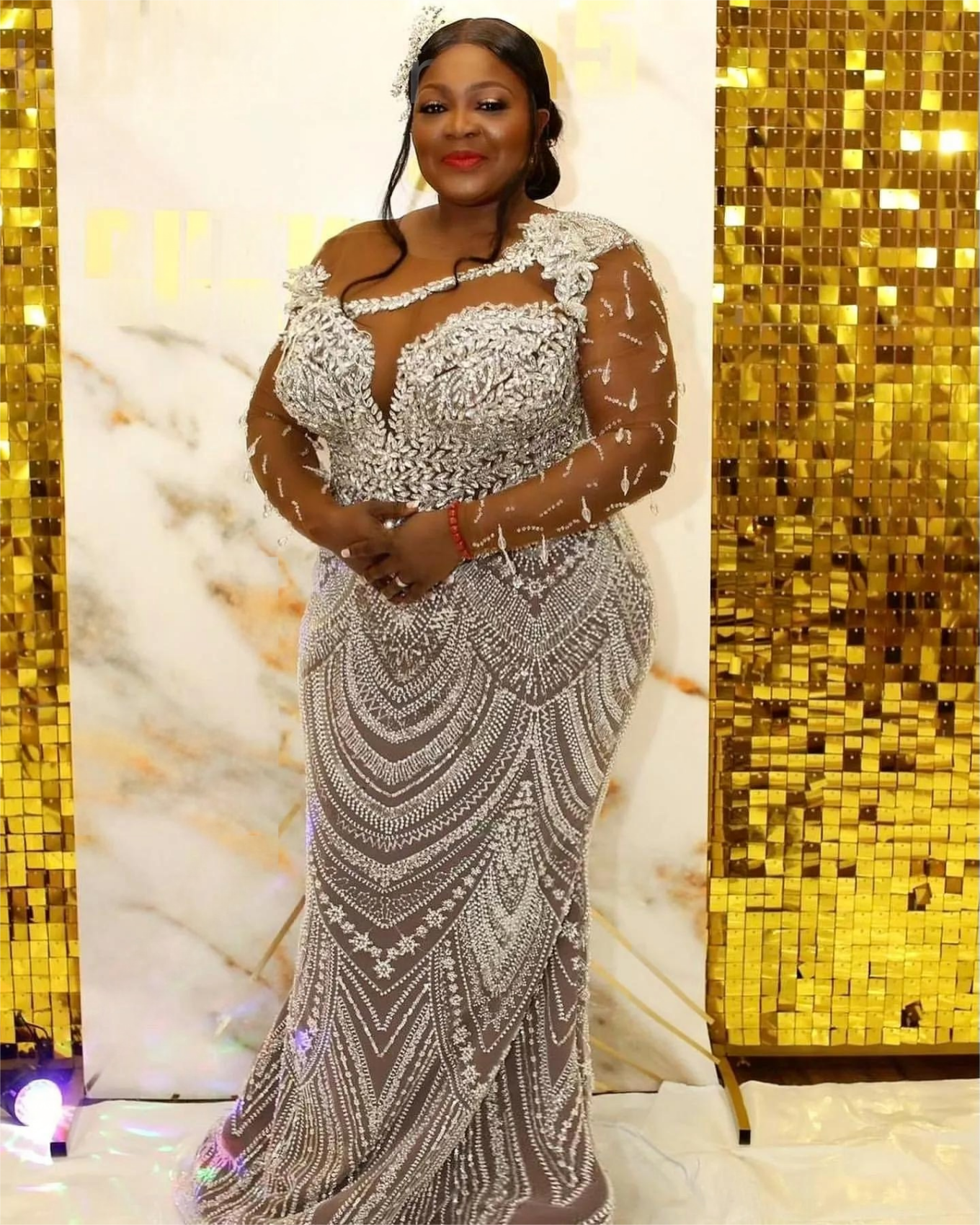 Aso Ebi Illusion Mermaid Wedding Dress in Ivory with Beaded Crystals Lace and Long Sleeves