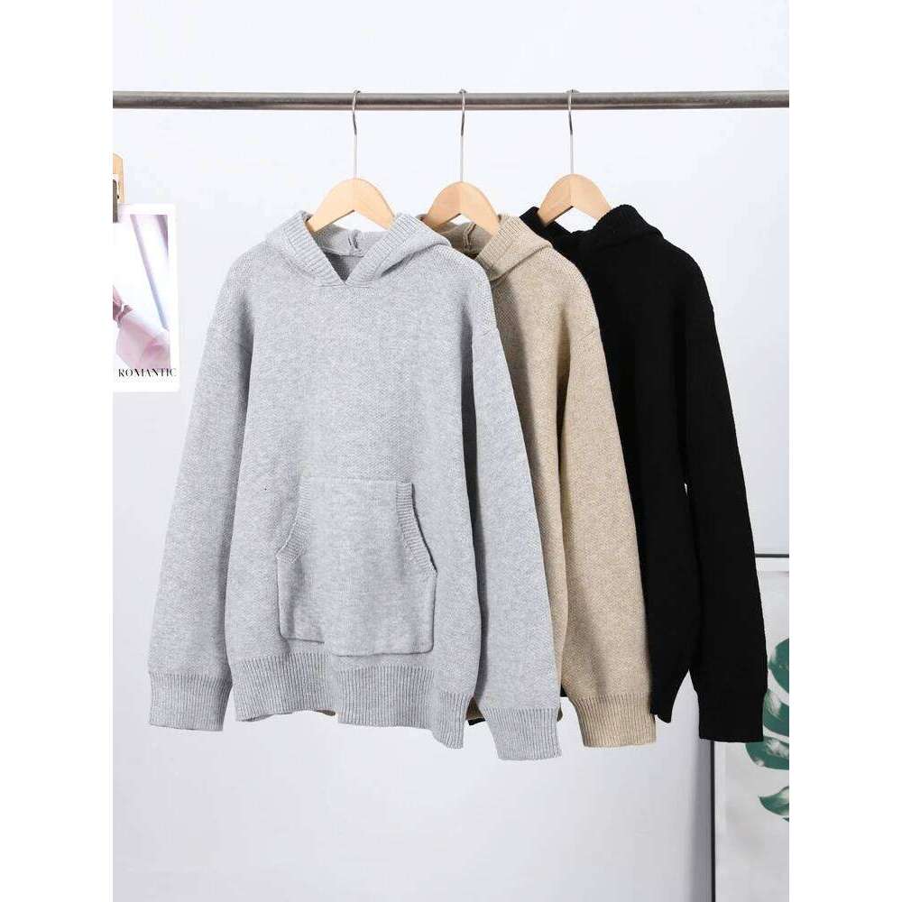 Soft Solid Knit Hooded Loose Sweater Slouchy Long Sleeve Drop Shoulder Pocketed 2025 Autumn Cozy Women Top Casual Lady Jumper Women Sweater Designer S