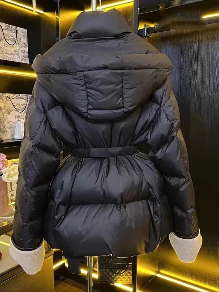 Winter Patchwork PU Leather Loose Parkas Female Hooded with Belt Down Jackets White Duck Casual Coat Puffer Jacket 251027