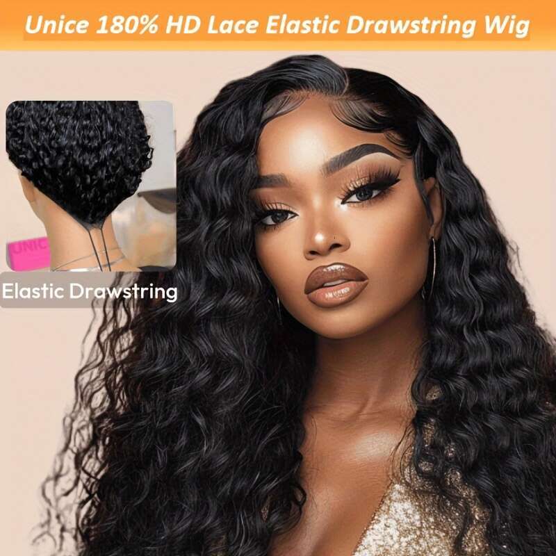 UNICE Bye Knots Water Wave 7X5 Lace Front Wigs With Elastic Drawstring Glueless Human Hair Plucked Pre Cut Bleached Knots, Protective Hairstyle, Natur