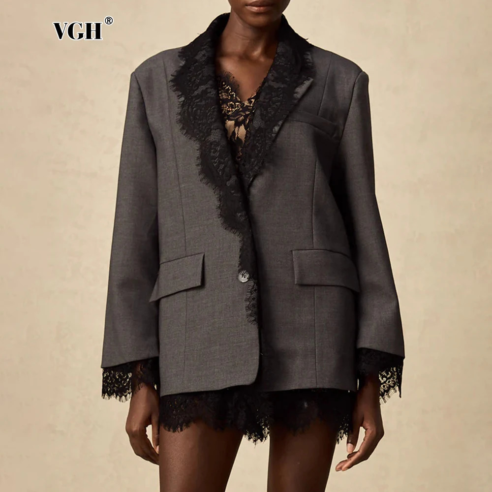 VGH Chic Solid Spliced Lace Edge Blazers for Women Notched Collar Long Sleeve Temperament ner Coats Female Clothes Style 251027