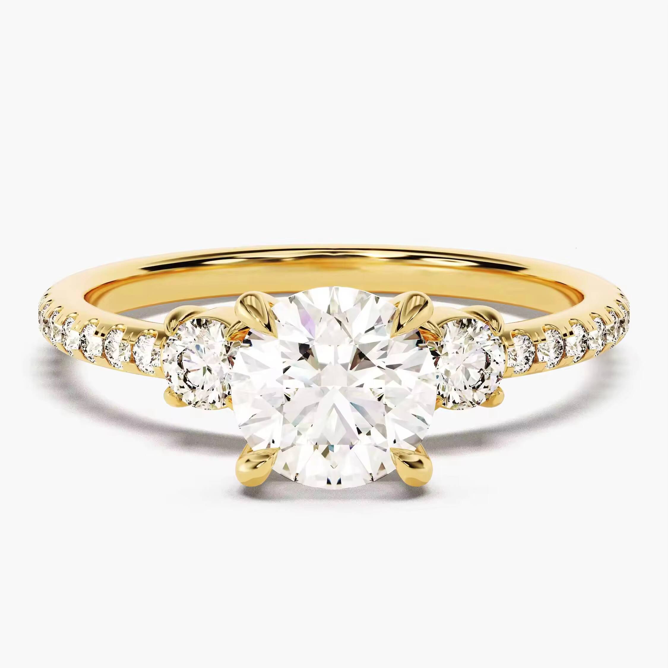 14k 18k Round Cut Diamond Engagement Ring with Side Stones Three Stone Promise Lab Diamond Ring