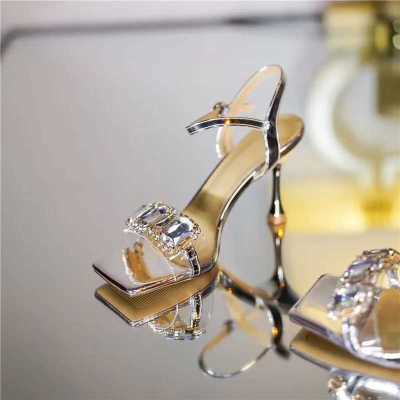Gold Sier High Heels Sandals Women Summer Square Toe Shiny Crystal Sandals Woman Ankle Straps Thin Heel Party Pumps ShoesXJ251027