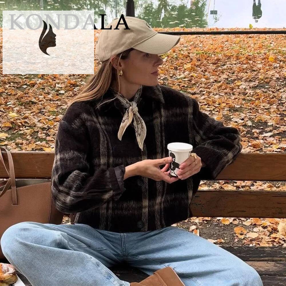 winter jacket women KONDALA Fall Winter Plaid Women Jackets Fashion Elegant Streetwear Turndown Collar Single Breasted Ladies Coats