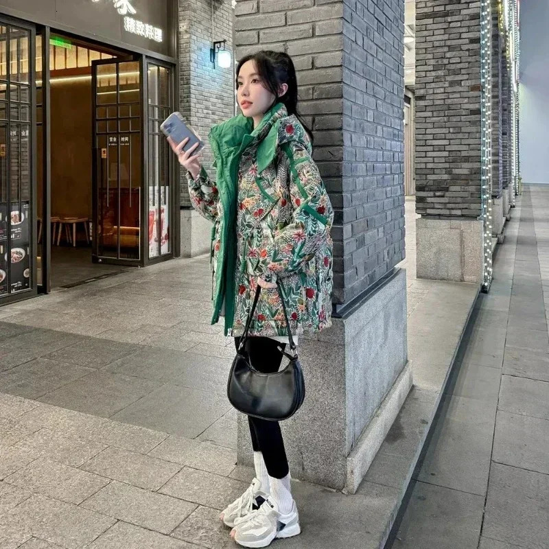 Fashion Zipper Hooded Short Printed European Goods Down Cottonpadded Womens Winter Thick Warm Green Coat 251027