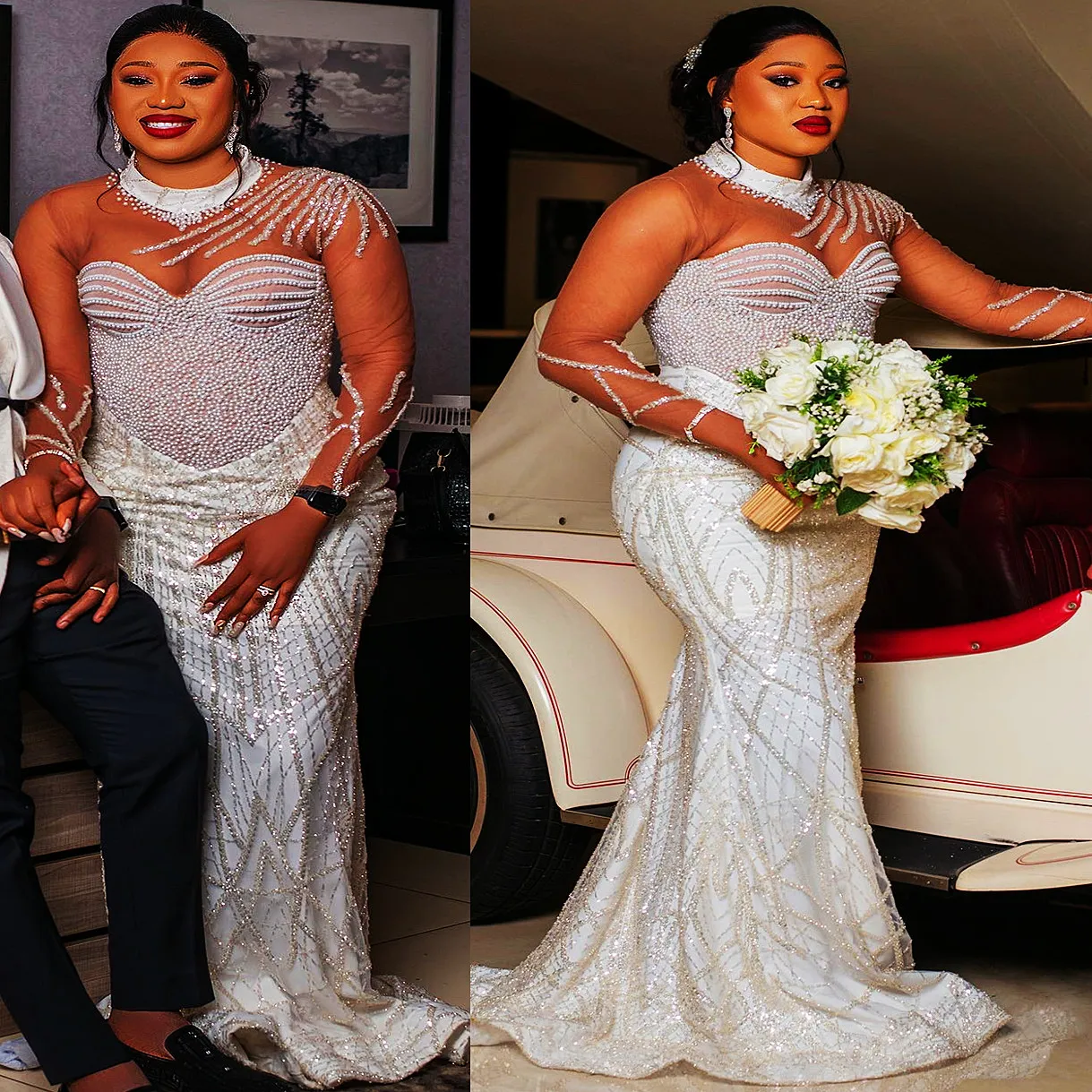 Aso Ebi Mermaid Wedding Dress in Ivory with Pearls Sequined Lace Sheer Neck and Sexy Style