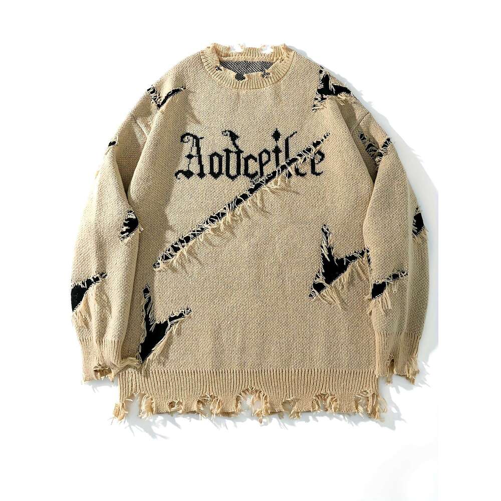 Men's Casual Streetwear Sweater - Relaxed Fit Drop Shoulder, Distressed Letter Embroidery & Ripped Details, Long Sleeve Pullover For Autumn Winte