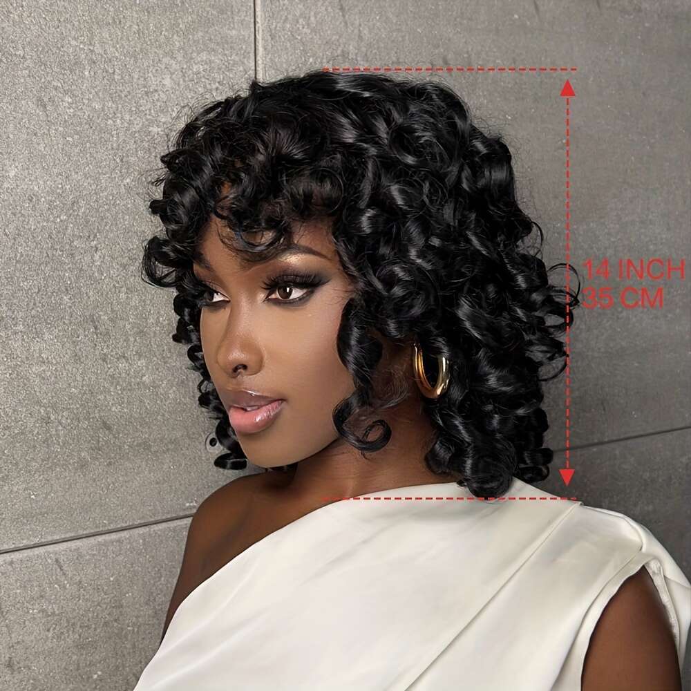 14 Inch Short Black Wigs For, Fluffy Wavy With Bangs, Shoulder Length Afro Kinky Curly Big Bouncy Wig For Daily Use