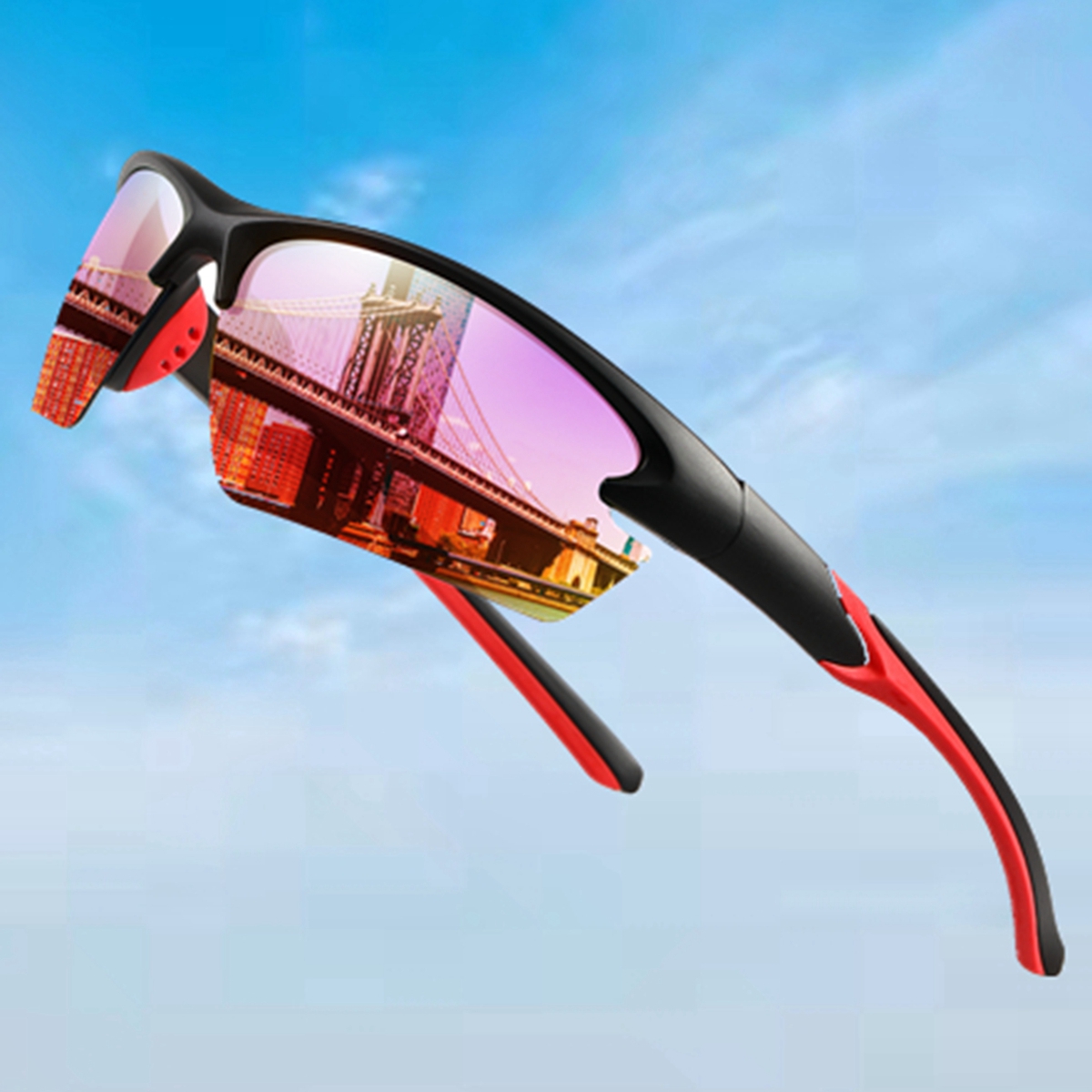 1pc Polarized Semi-Rimless Full-Coverage Cycling Fishing Sunglasses 3D Dual-Color Silicone Anti-Slip Y-Shaped Lightning-Style Temple Design Breathable