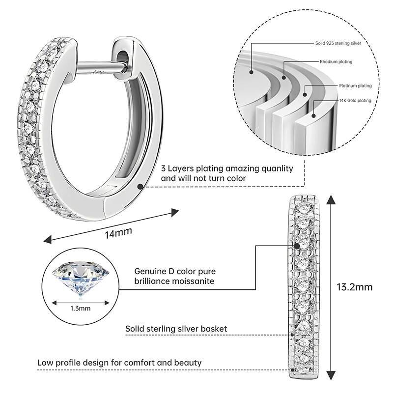 Fashion Luxury 925 Silver Round Cut 13mm 001CT Moissanite Single Row Hoop Huggie Earrings for Women