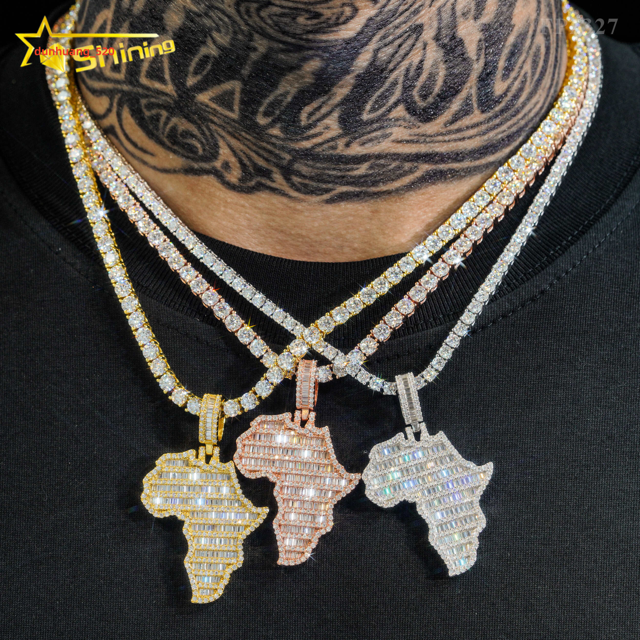 VVS Moissanite Hip Hop Jewelry baguette Diamond Africa Map Pendant 925 Sterling Silver Iced Out Jewelry Custom Made Map Pendants