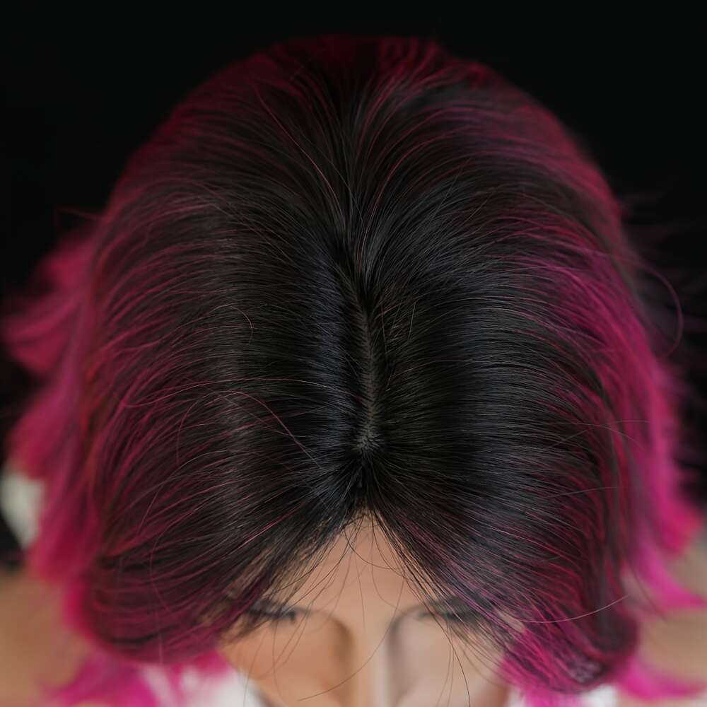 NAMM Women's Short Black To Pink Purple Ombre Wig - Heat-Resistant Synthetic Hair With Bangs & Layered Bob Cut, Glueless Cosplay Costume Wigs For