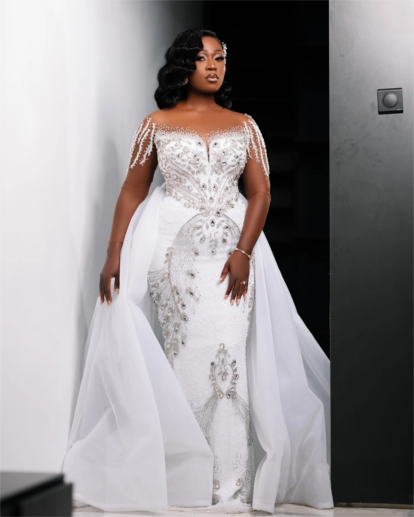 Arabic Aso Ebi Plus Size Wedding Dress in White with Beaded Crystals Sequined and Detachable Train Luxurious Style
