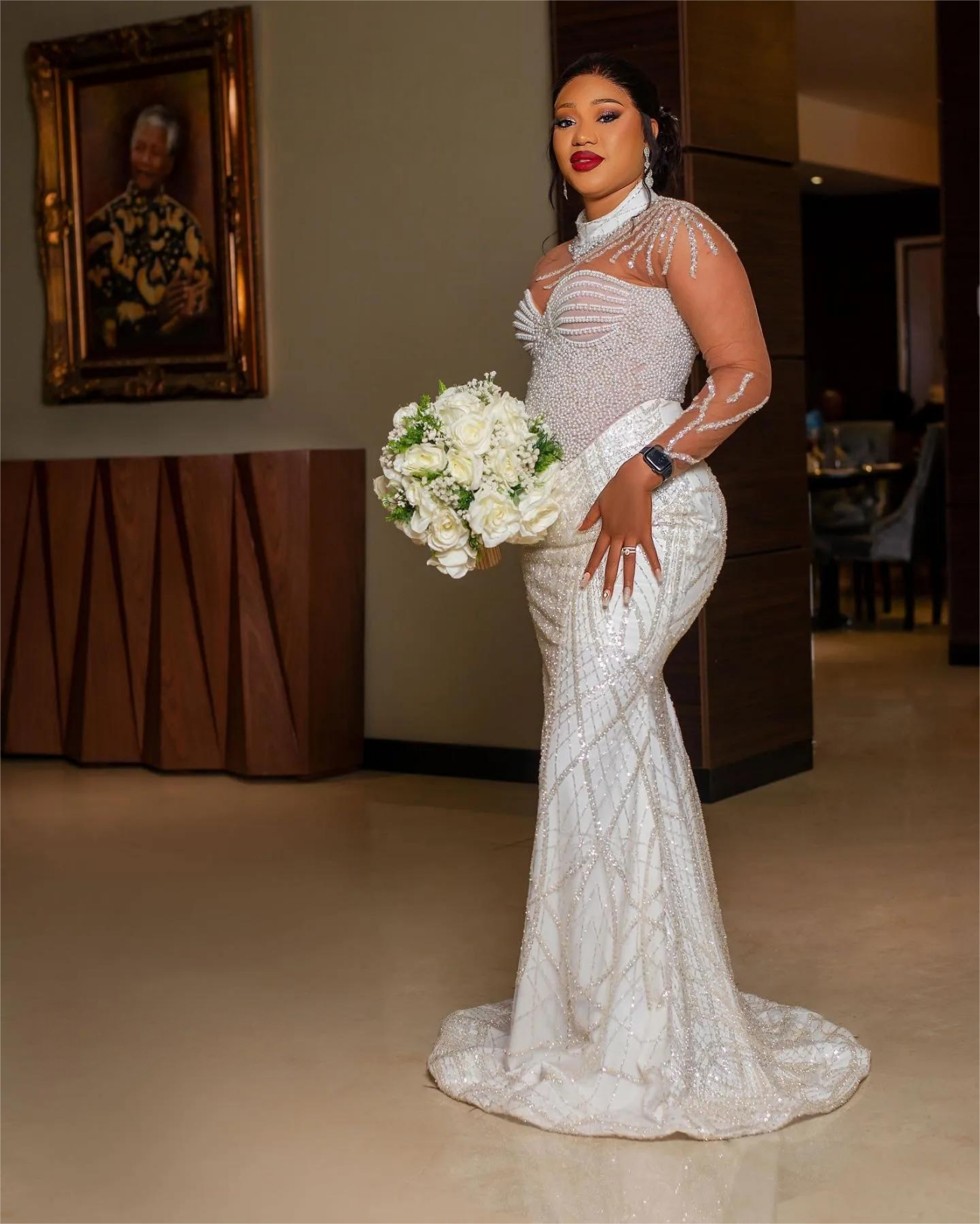 Aso Ebi Mermaid Wedding Dress in Ivory with Pearls Sequined Lace Sheer Neck and Sexy Style