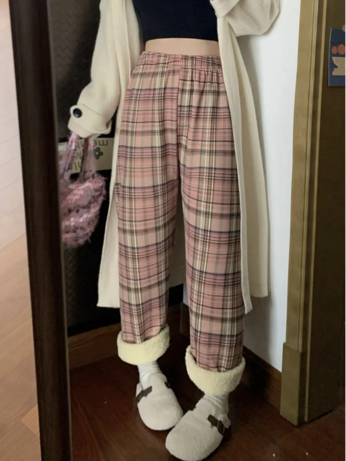 Lamb Velvet Fce Lined Thiened Plaid Casual Pants Womens Autumn Winter Loose Straight Wide Leg Cotton Spwear 251027