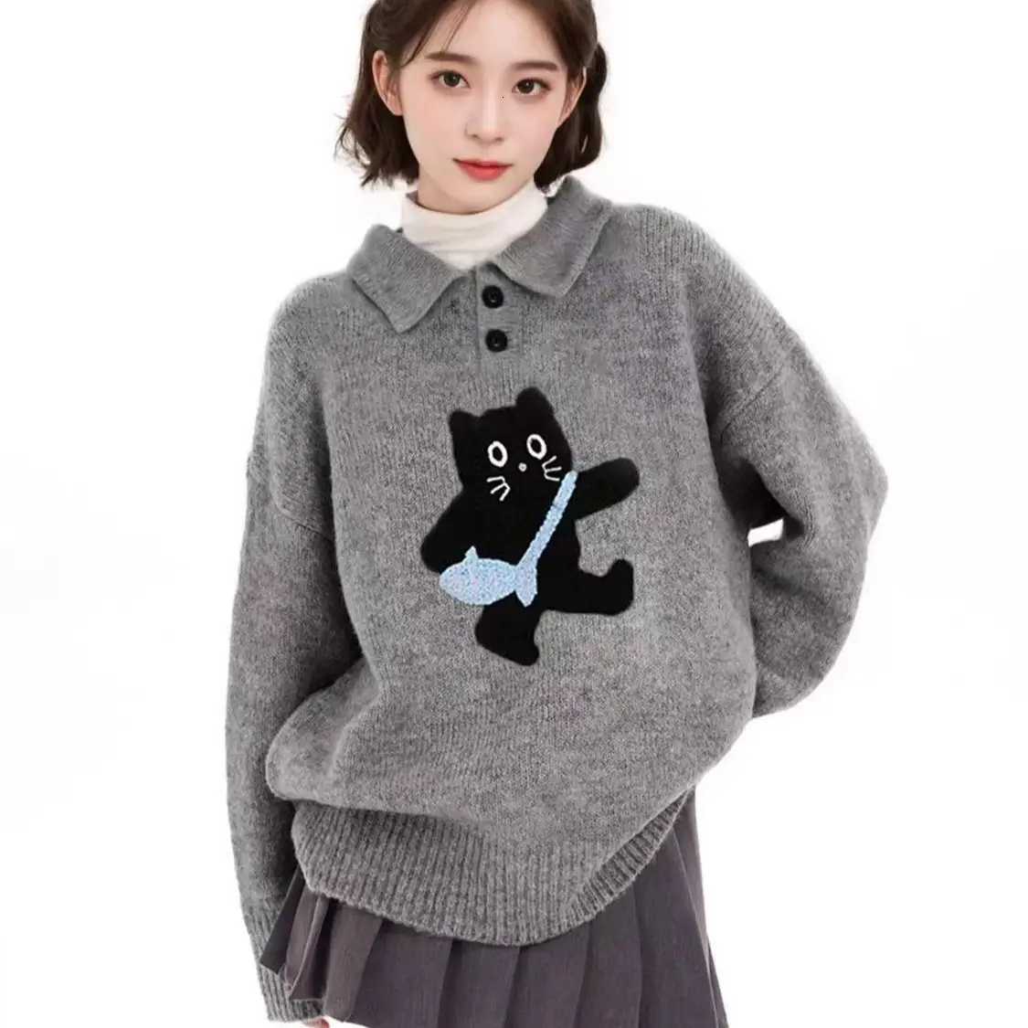 Gray Polo Cat Sweater Women Winter Knit Pullover with Collar Y2K Oversized Lazy Style Top Thickened Plush Crewneck Feline PT251027