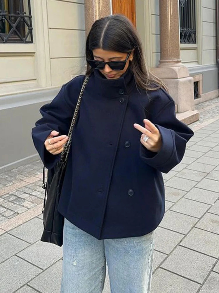 Casual Single Breasted Khaki Woolen Short Jacket Women Fashion Stand Neck Cropped Full Sleeve Outwear Autumn Daily Office Coat 251027