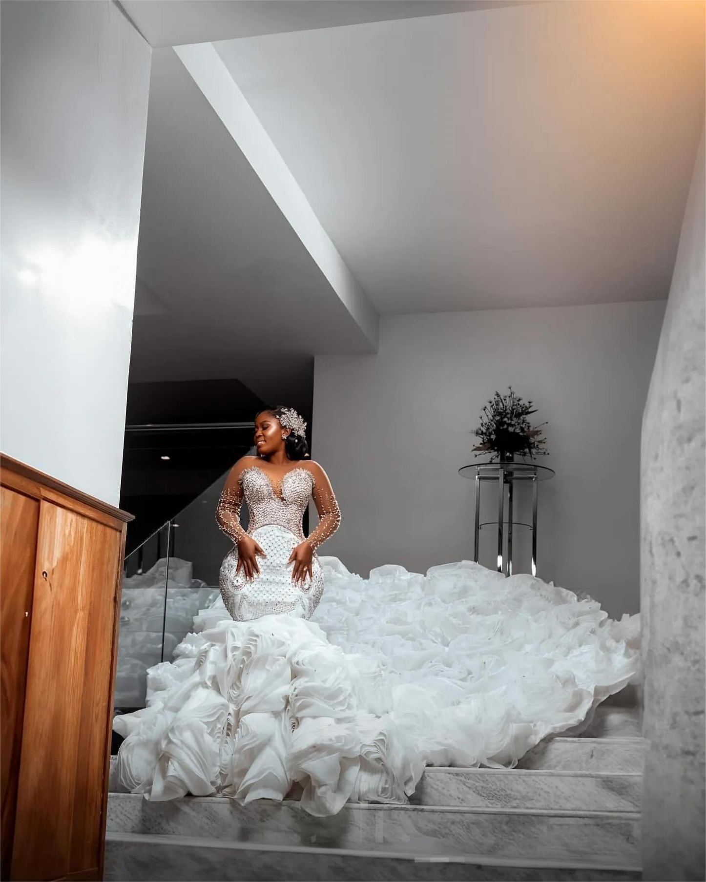 Arabic Aso Ebi Plus Size Mermaid Wedding Dress in White with Crystals Beaded Tiers and Luxurious Organza