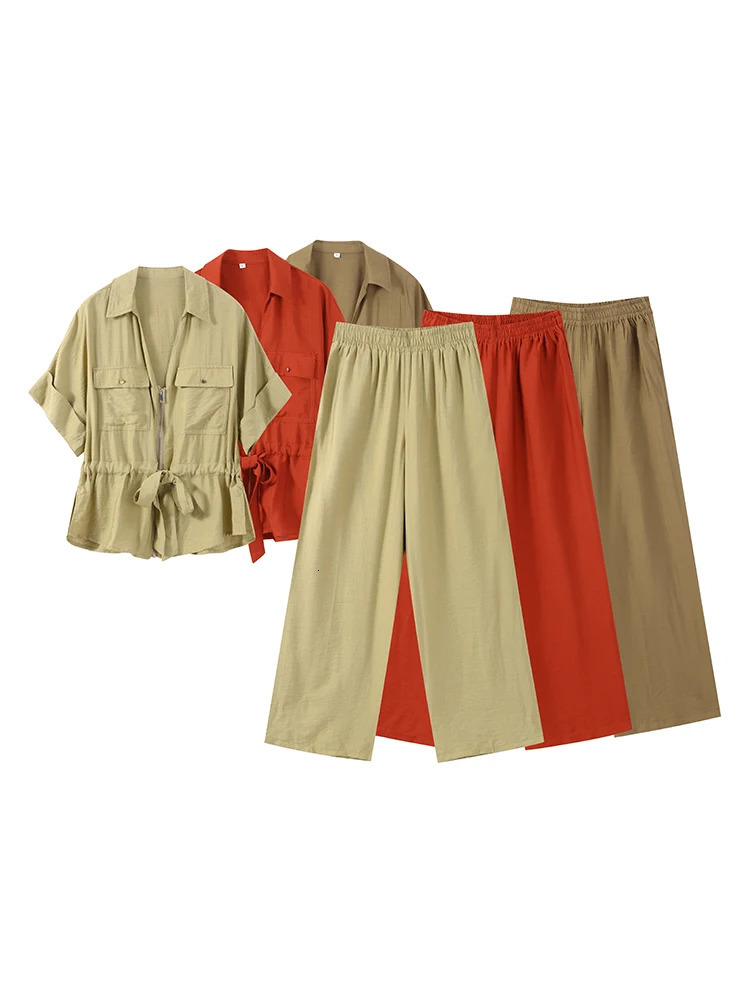 Casual Coat Pant Set Women Loose Zipper Vneck Lace Up Pleat Top Wide Leg Trousers Suit 2025 Summer Lady 2 Pieces Outfits 251013