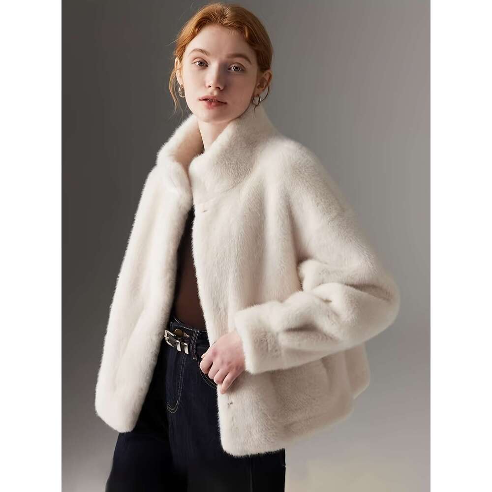 Women's Chic Faux Fur Coat - Thick Warm Short Length With Drop Shoulder Sleeves, Solid Color, Single Button Closure, Regular Fit Fall/Winter, Sty