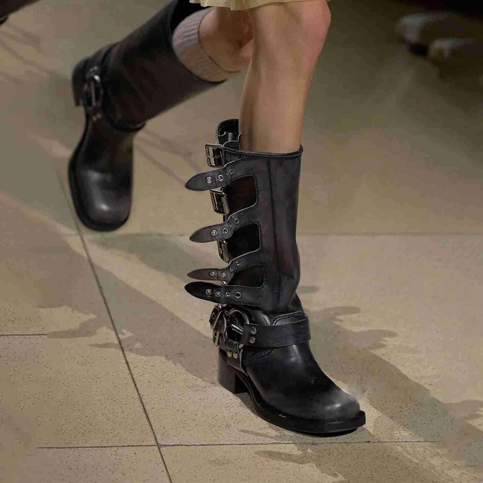 Arden Furtado 2025 Genuine Leather Platform Rivet Motorcycle boots Round toe Belt buckle Block heel mid wide calf Western boots M251027