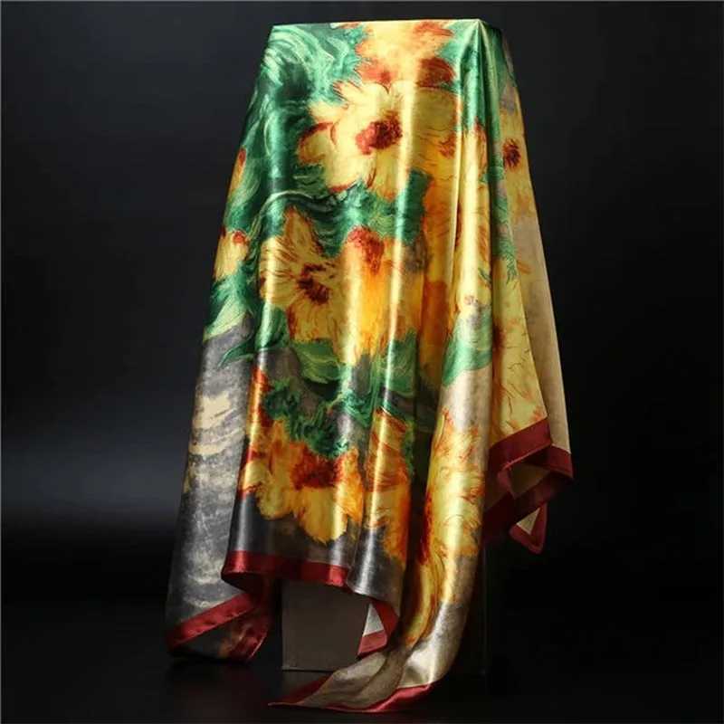 9090cm square silk scarf Wen Shawl Print Satin Hijab Fa Luxury Brand Square Lady muffr coverchi band pareo girlW251027