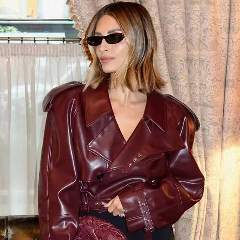 winter jacket women HXAO Women's Bury Leather Demi-Season Crop Black Outerwears Button Oversized Long Sleeve Top Moto Biker Jacket