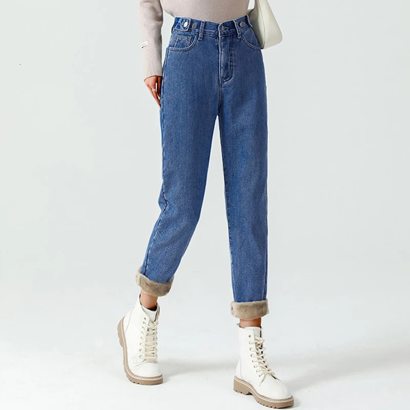 Winter Female High Waist Fashion Grunge Thicken Jeans Girls Y2k Clothes Thermal Harem Pants Women Streetwear Black Blue Trousers 251027