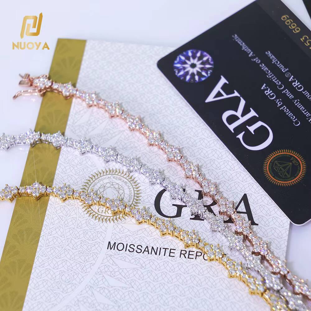 NUOYA Hiphop Jewelry 925 Sterling Silver Moissanite Tennis Chain Womens Necklace Iced Out VVS Diamond Flower Shape Tennis Chain