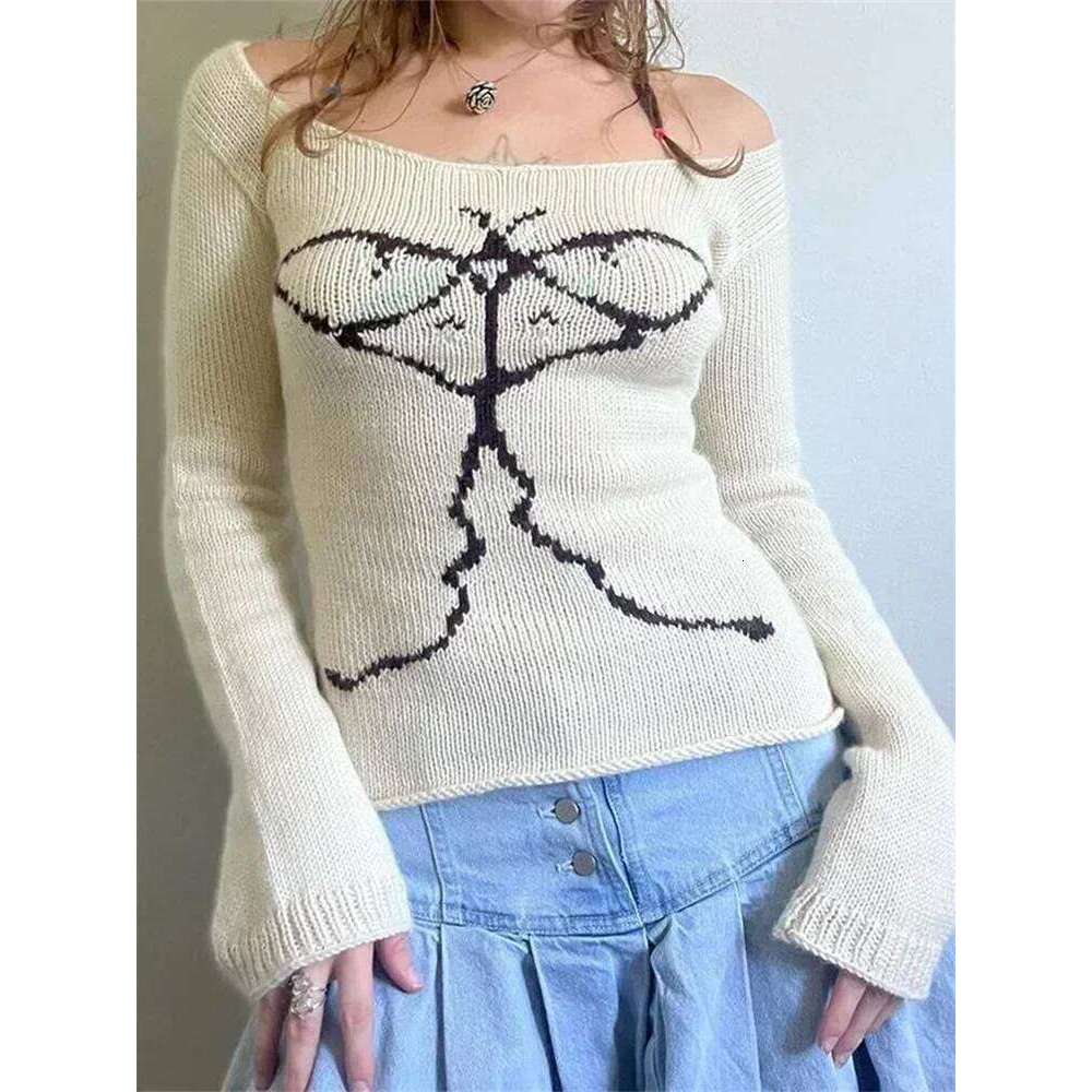 Women's Knit Tops Off Shoulder Slim Sweater Graphic Print Long Sleeve Knitwear Spring Fall Y2k Aesthetic Streetwear Women Sweater Designer Sweate