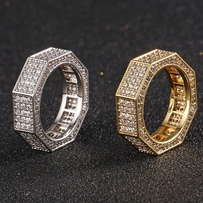 Hip Hop Micro Paved Cubic Zirconia Bling Ice Out Geometric Octagon Finger Rings for Men Rapper Jewelry Gold Silver Color 251023